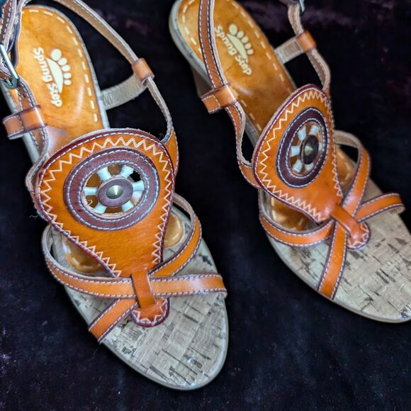 LIKE NEW Western Rodeo High-heel Sandals Medicine Wheel Leather Cork Spring Step - Picture 14 of 16